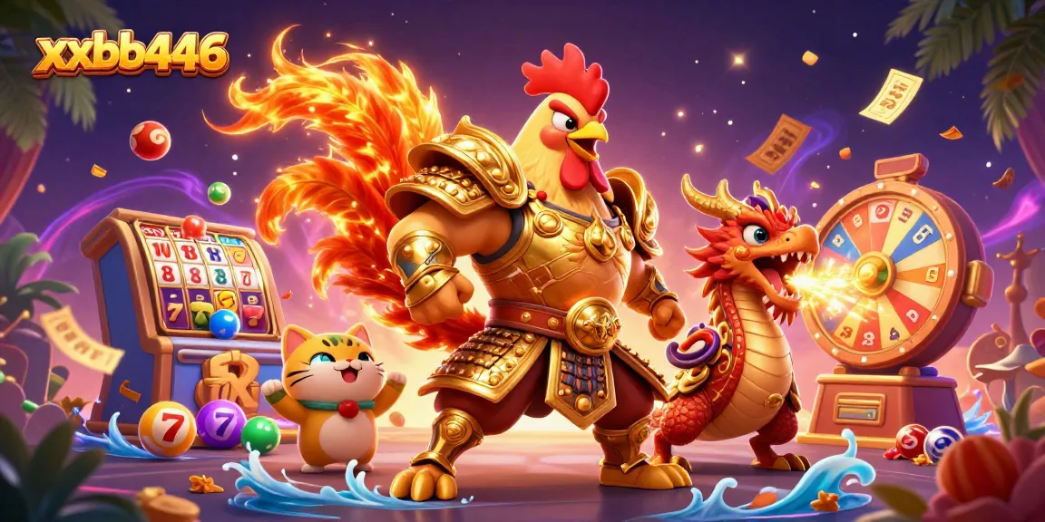 Join the exciting gaming world of xxbb446 with a cartoon rooster warrior and dragon in vibrant action!
