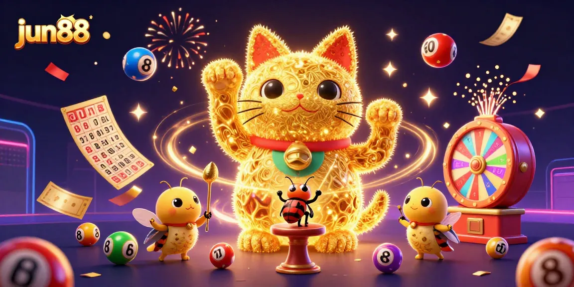 Experience the vibrant and dynamic world of jun88 with a lucky cat made of golden fireflies guiding your gaming adventure.