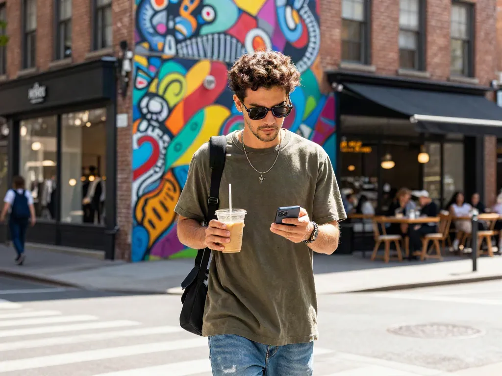 Óculos de sol modernos em ambiente urbano, pessoa segurando café.