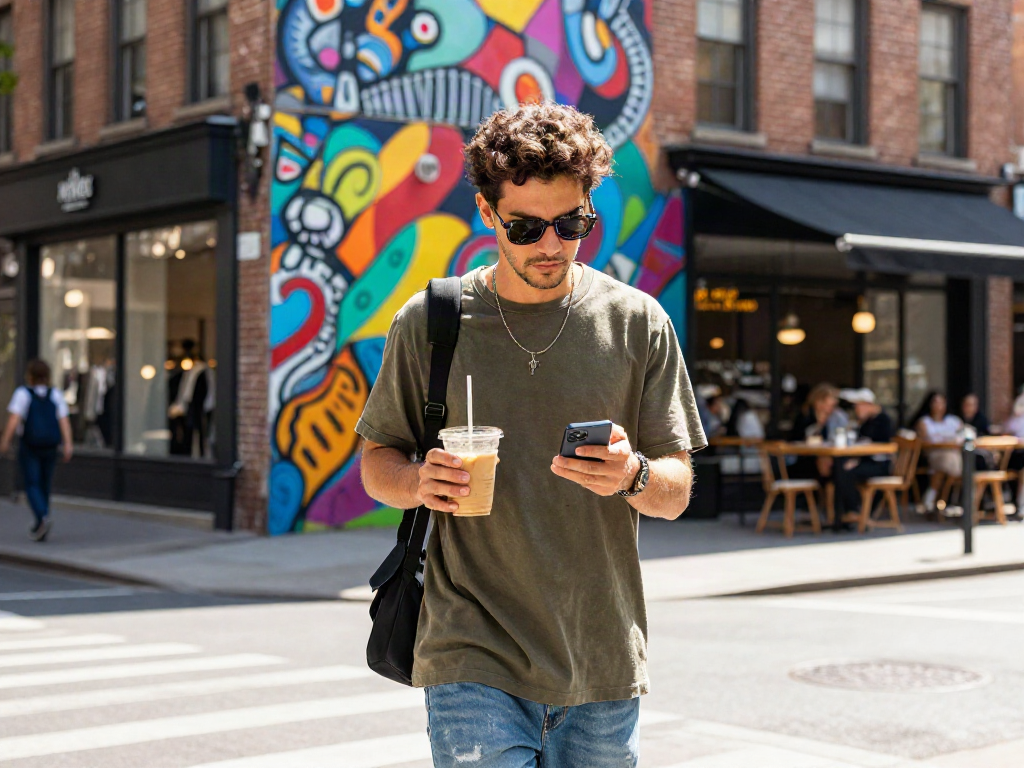 Óculos de sol modernos em ambiente urbano, pessoa segurando café.