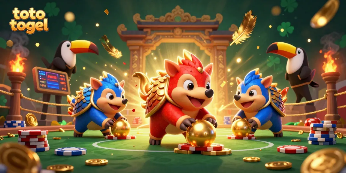 Experience thrilling toto togel action with animated pangolins bowling through poker chips.