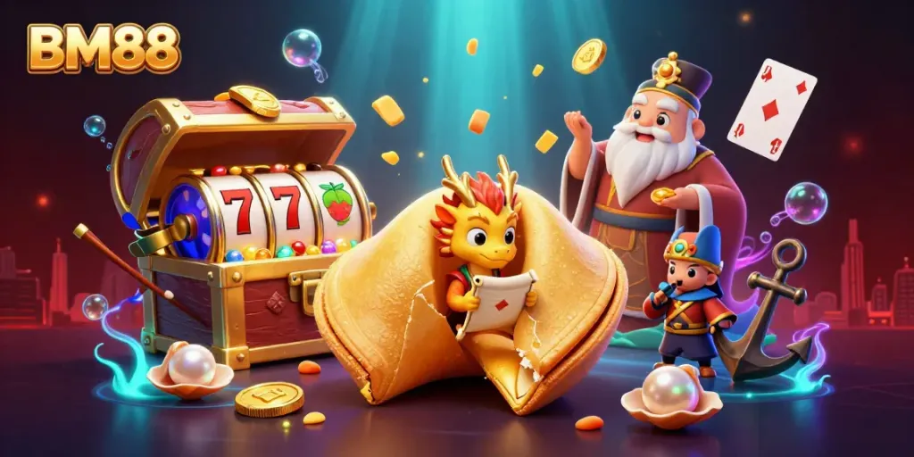Engage with BM88: A vibrant casino scene featuring a golden fortune cookie and slot reels