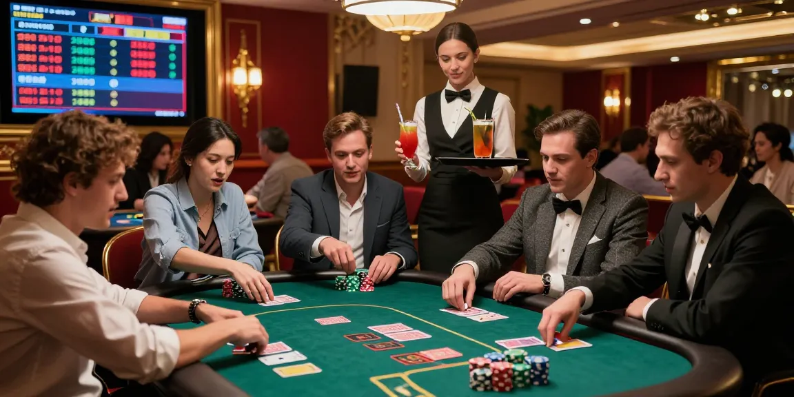 Players engaged at a poker table in a vibrant casino, exploring link gacor opportunities in a dynamic atmosphere.