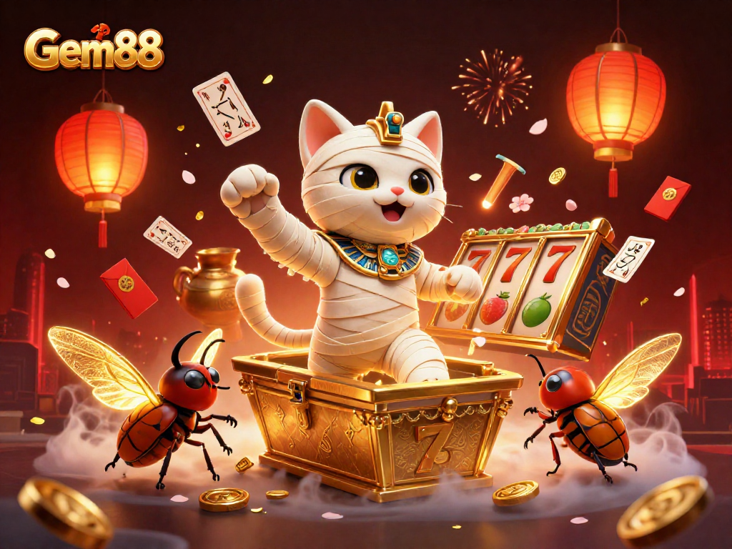 Engage with Gem88's exciting slots featuring an Egyptian mummy cat and rich casino elements.