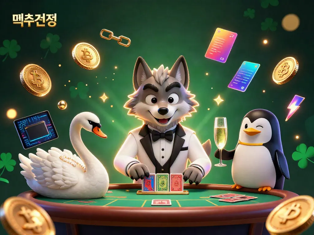 Engage with 먹튀검증 amidst a vibrant casino scene featuring a debonair wolf, elegant swan, and penguin.