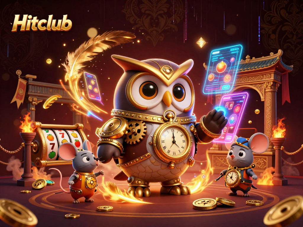 Spin the reels at Hitclub with a 3D time-traveler owl and vibrant casino elements.