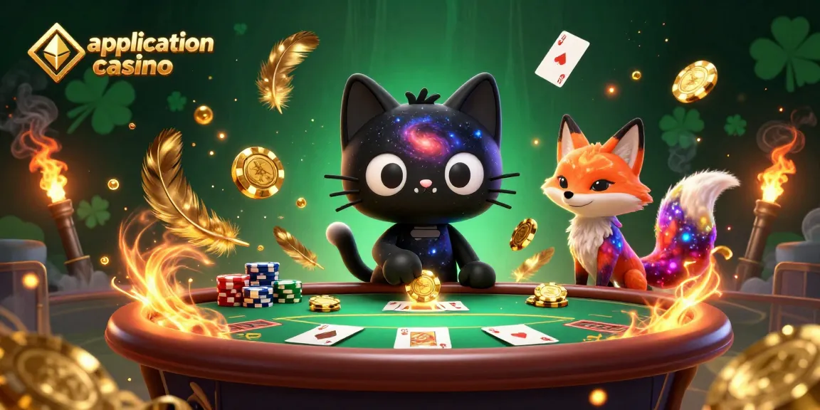 Célébrez les gains avec l'application casino dans une scène vibrante de poker et d'énergie cosmique.
