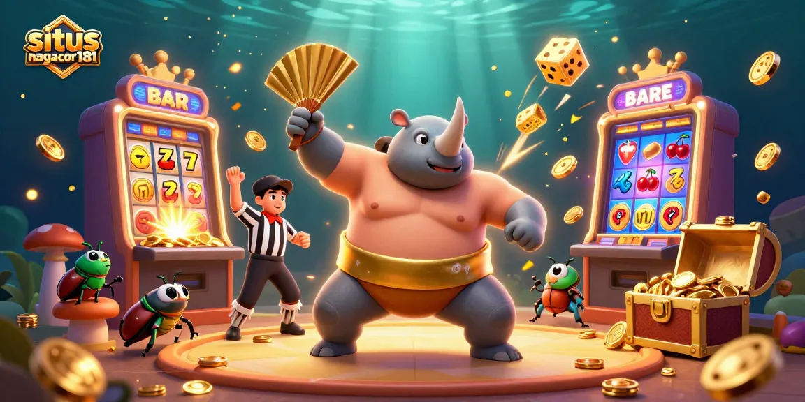 Engaging scene of situs nagacor181 featuring a beetle sumo champion, golden coins, and dynamic casino elements.