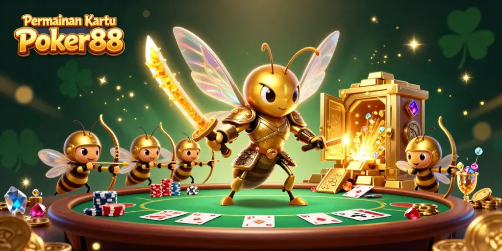 Experience thrilling gameplay with Permainan Kartu Poker88, featuring vibrant poker elements and dynamic characters in action.