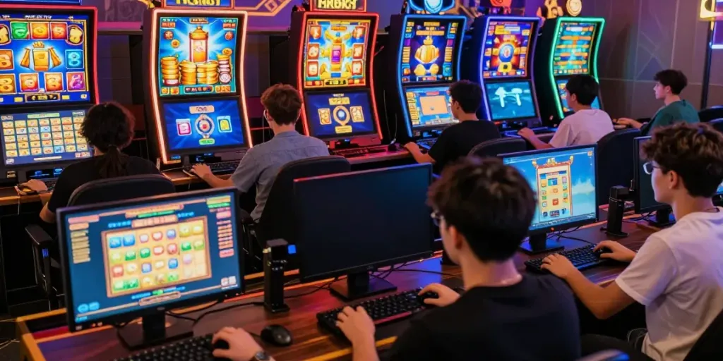 Exciting gaming experience at raja slot with diverse players and vibrant graphics.
