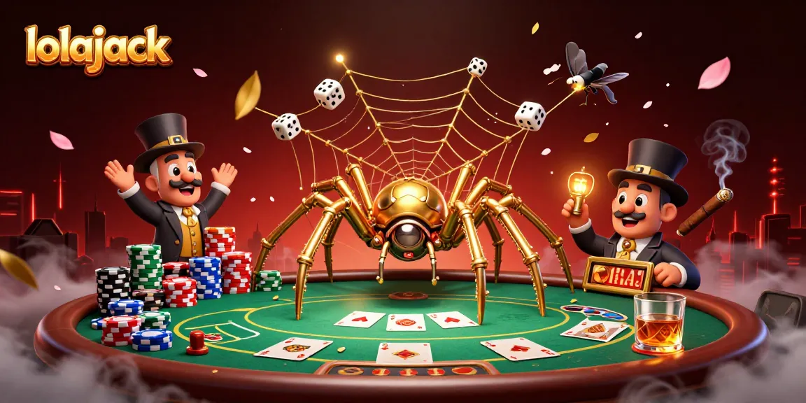 Experience luck striking big with lolajack as a golden spider ensnares dice at a lively poker table.