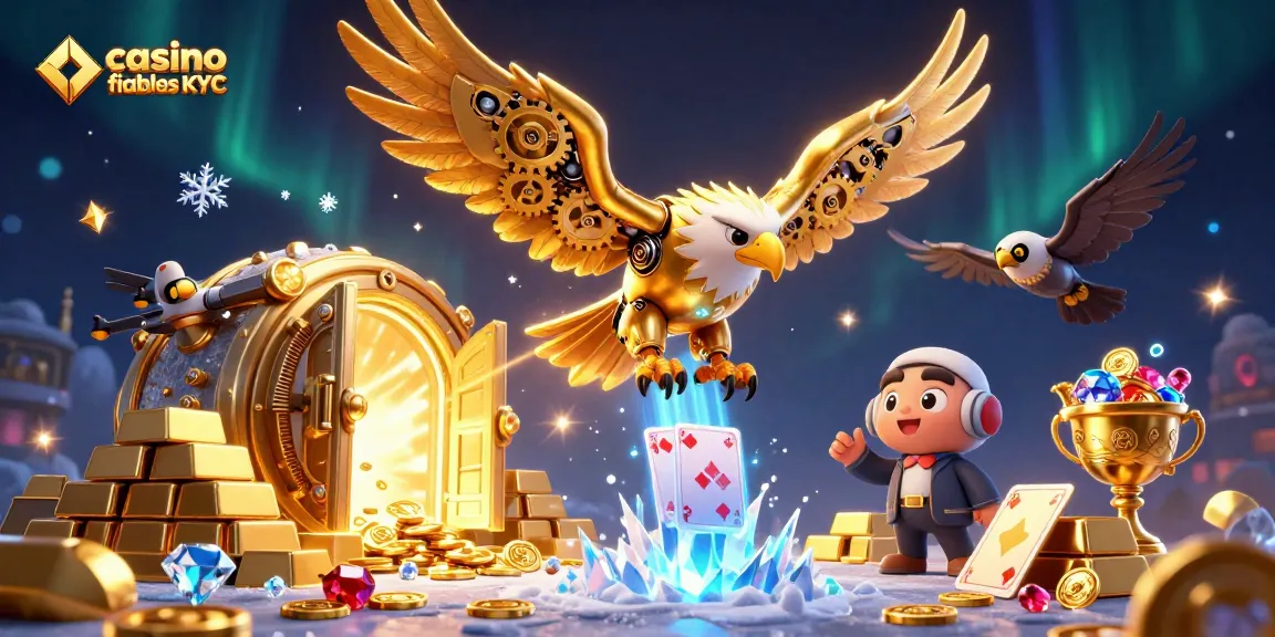 Profitez de l'expérience d'un casino fiable sans KYC avec un aigle doré plongeant au milieu de cartes holographiques.