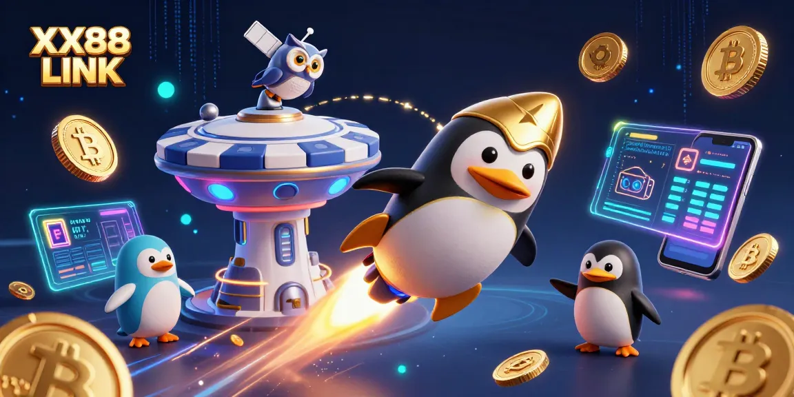 Engage in thrilling gameplay with XX88 LINK, featuring a golden penguin and poker chip in action.