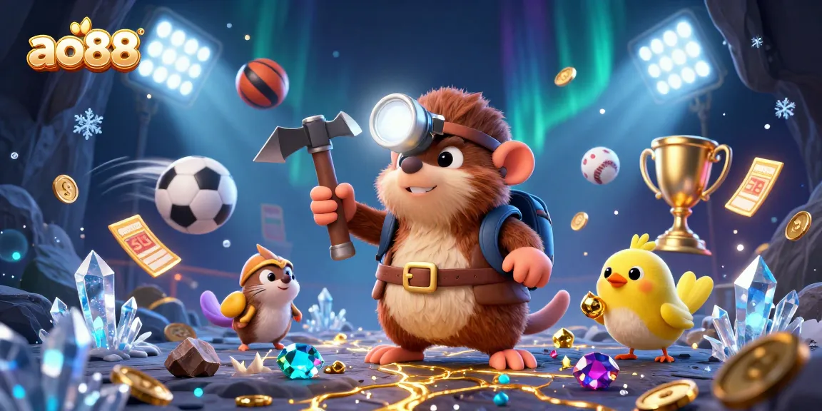 Engage with ao88's dynamic casino excitement featuring a treasure hunter mole and sports elements.