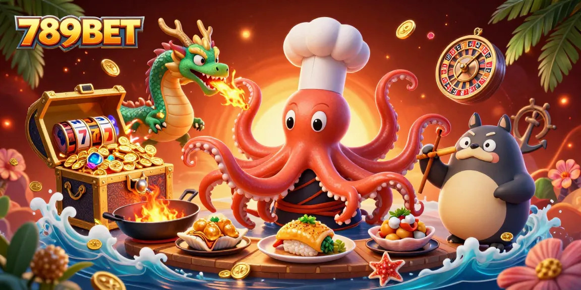 Engage with 789BET as the sushi chef octopus crafts golden dishes amidst vibrant casino elements.