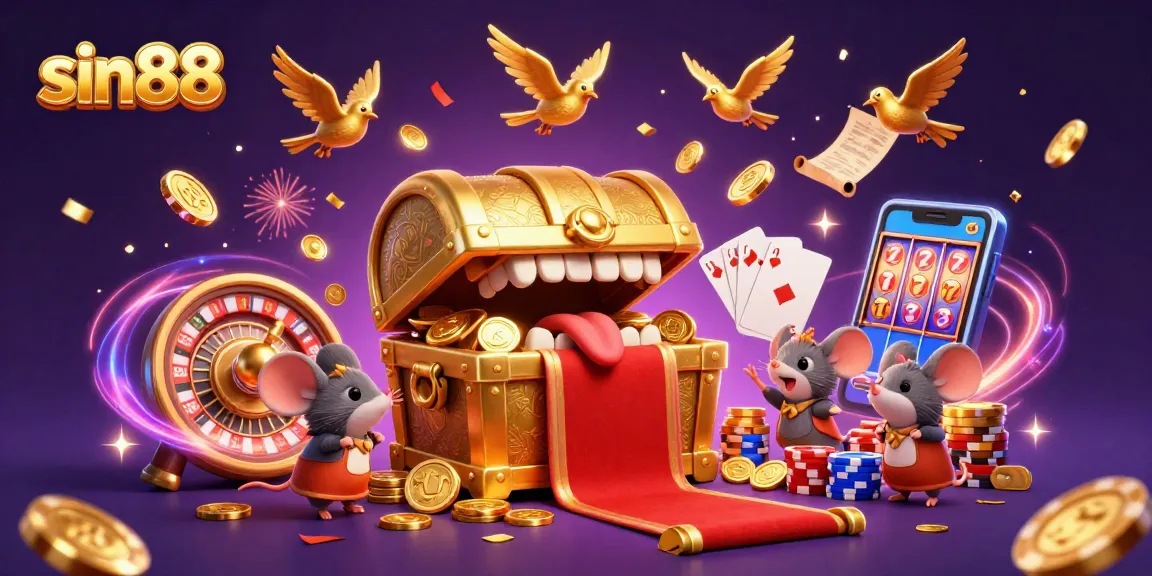 Join the fun at sin88 with a lively casino scene featuring golden treasure chests and vibrant game elements.