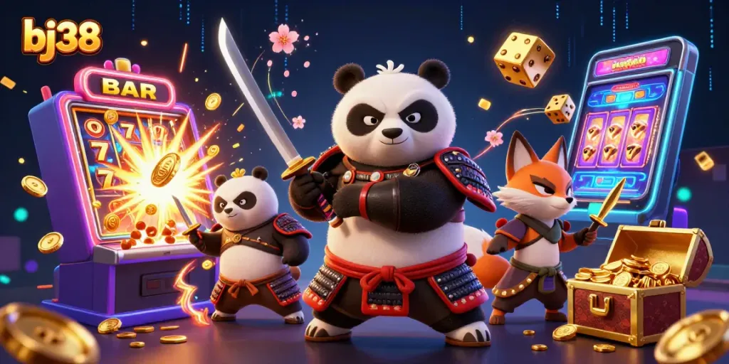 Experience the excitement of bj38 with a dynamic casino scene featuring samurai panda and ninja fox.