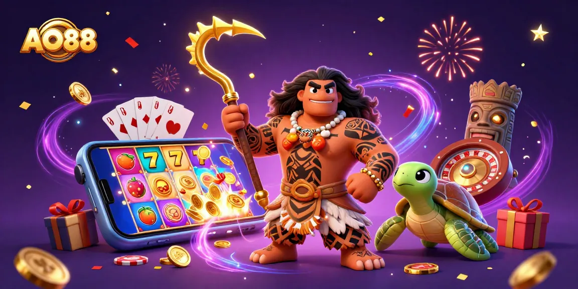 Engage with AO88's vibrant casino scene featuring a Polynesian demigod and colorful slot action.
