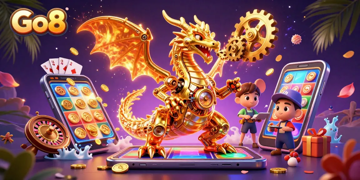 Go8 showcases a captivating scene with a golden dragon and game elements, highlighting dynamic slot play.