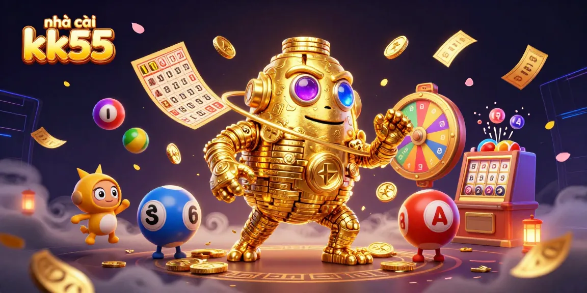 Engage in thrilling games at nhà cái kk55, where a golden golem and vibrant lottery elements create a gaming spectacle.