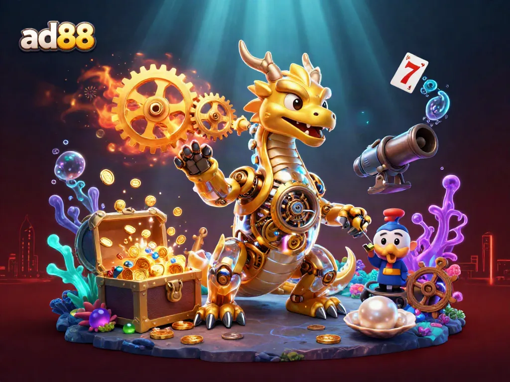 Engage with ad88's vibrant gaming world, featuring a golden dragon and underwater treasures.
