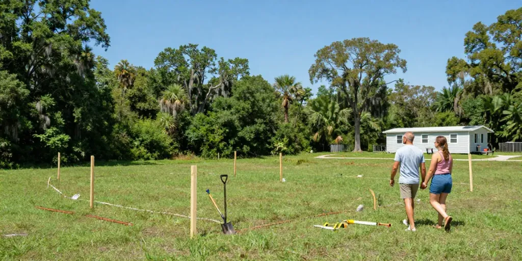 Putnam County land for sale showcasing a couple inspecting a property with green surroundings.