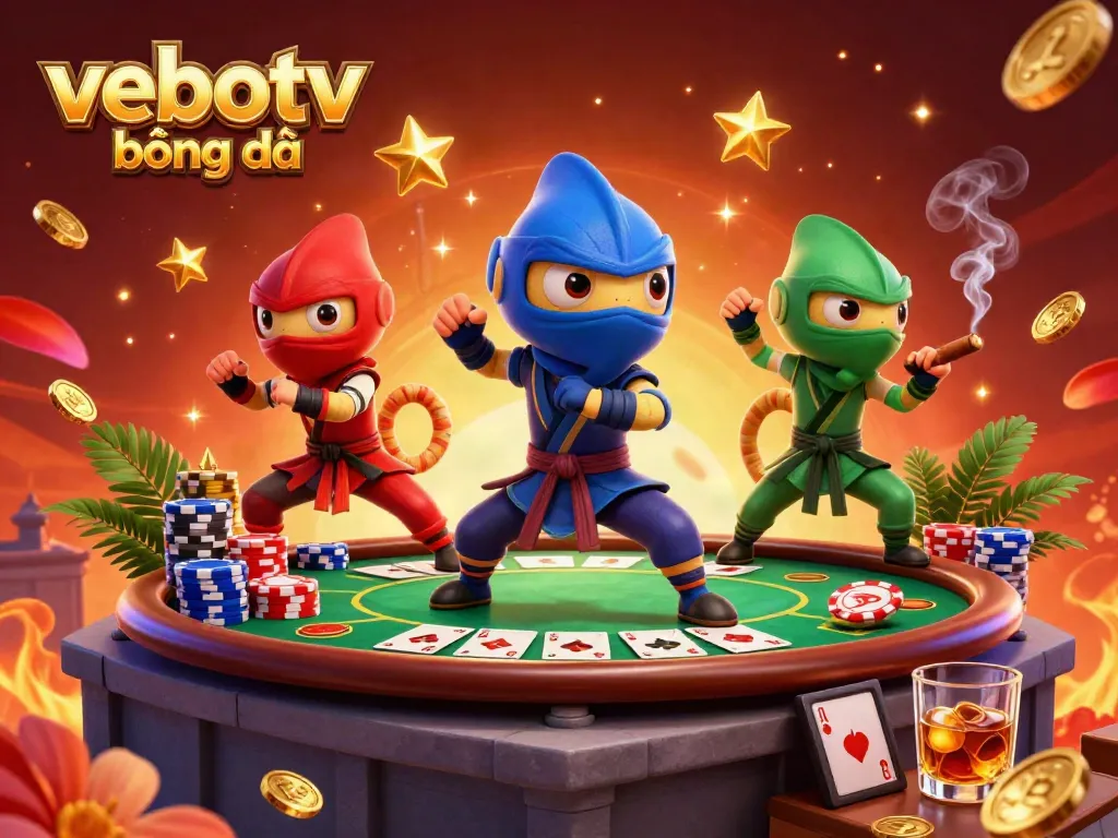 Experience vebotv bóng đá with ninja chameleons mastering poker in a vibrant 3D illustration.