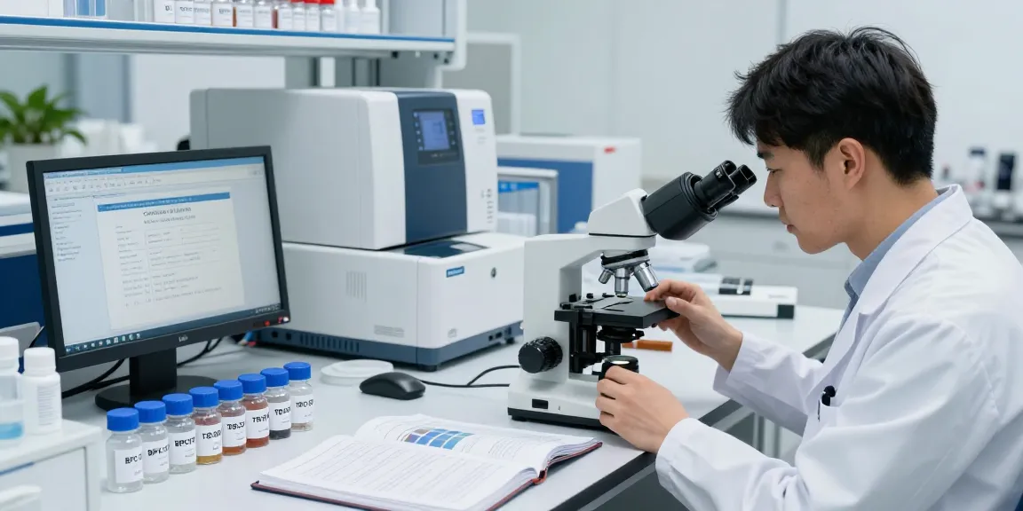 Research peptide US in a modern lab setting with detailed sample analysis and advanced equipment.