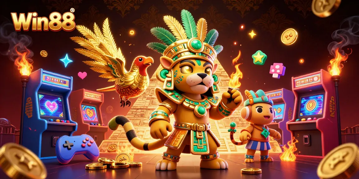 Win88 immersive gaming experience with vibrant characters and colorful casino elements.