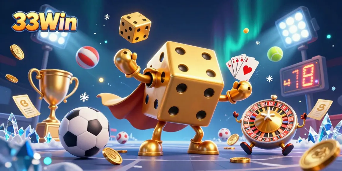 33Win showcases an energized scene with a golden dice golem juggling and dynamic sports elements.