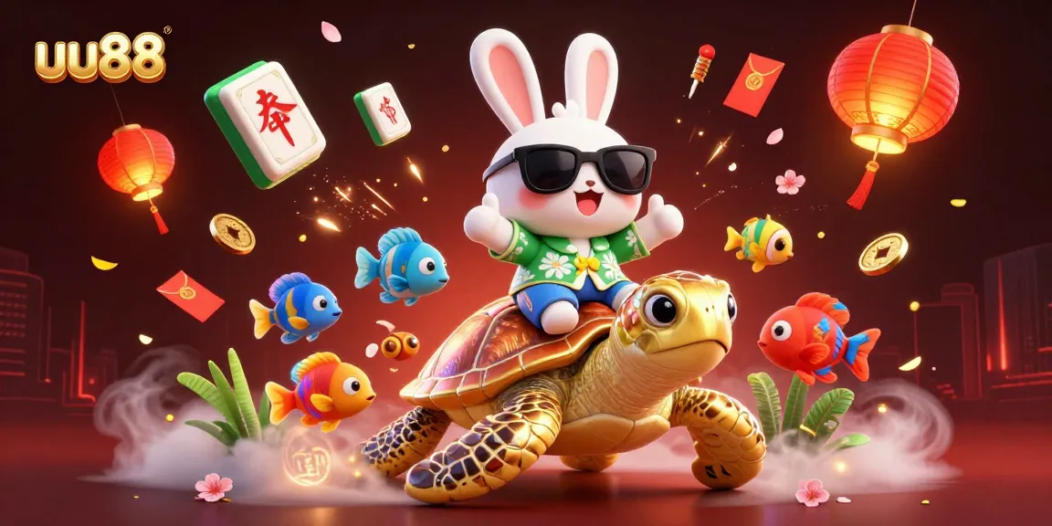 Experience thrilling wins at uu88 with a lucky rabbit and golden turtle amidst vibrant casino elements.