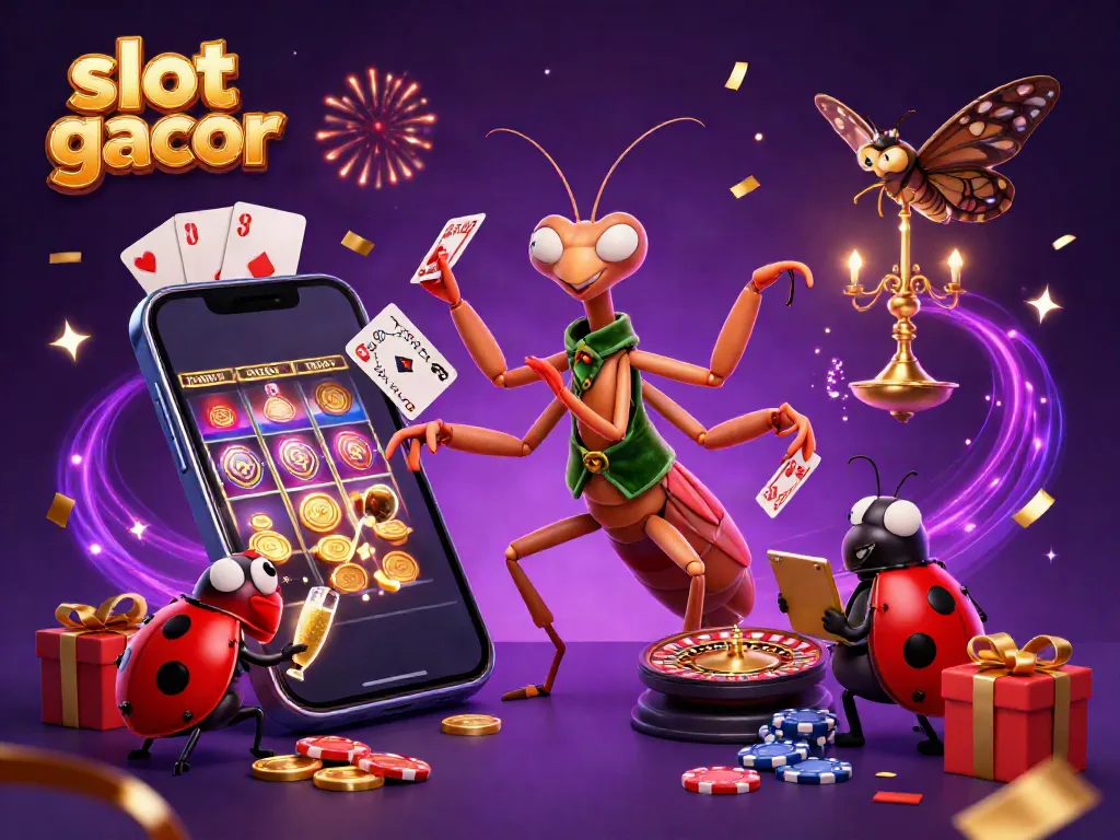 Experience the thrill of slot gacor with animated characters celebrating victories in a dynamic casino scene.