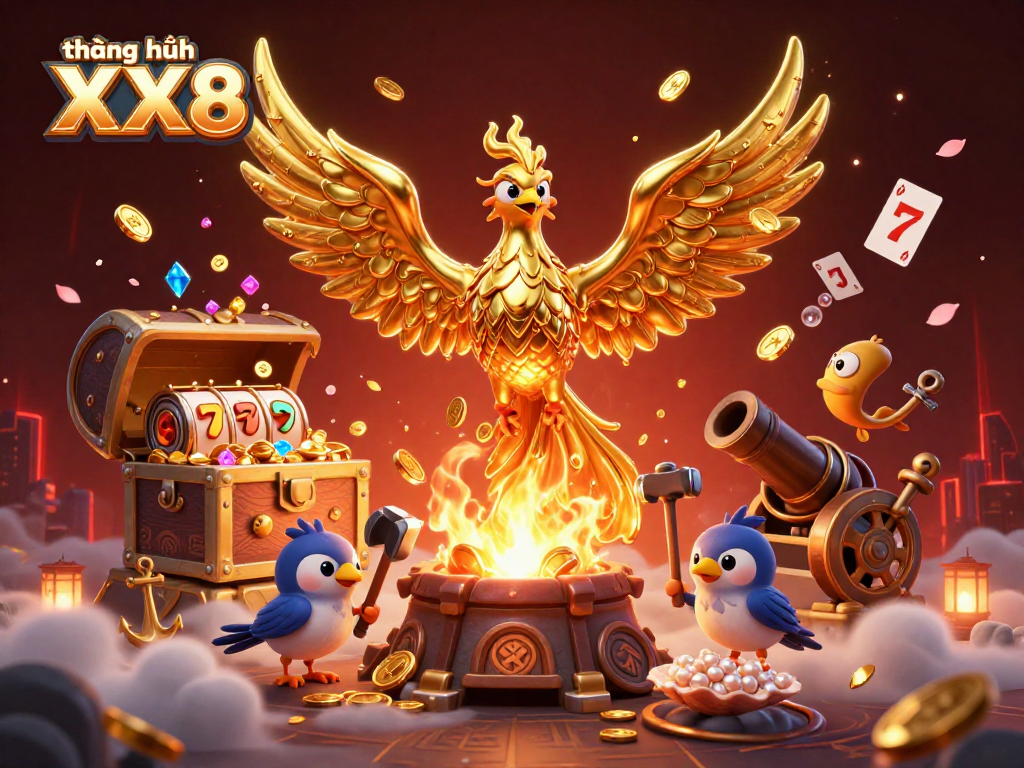 Experience the dynamic world of thương hiệu XX8, featuring a golden phoenix and exciting casino elements.