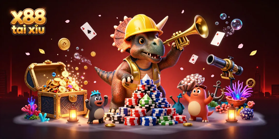 Engage with the exciting world of x88 tài xỉu featuring a vibrant 3D casino scene filled with playful characters.