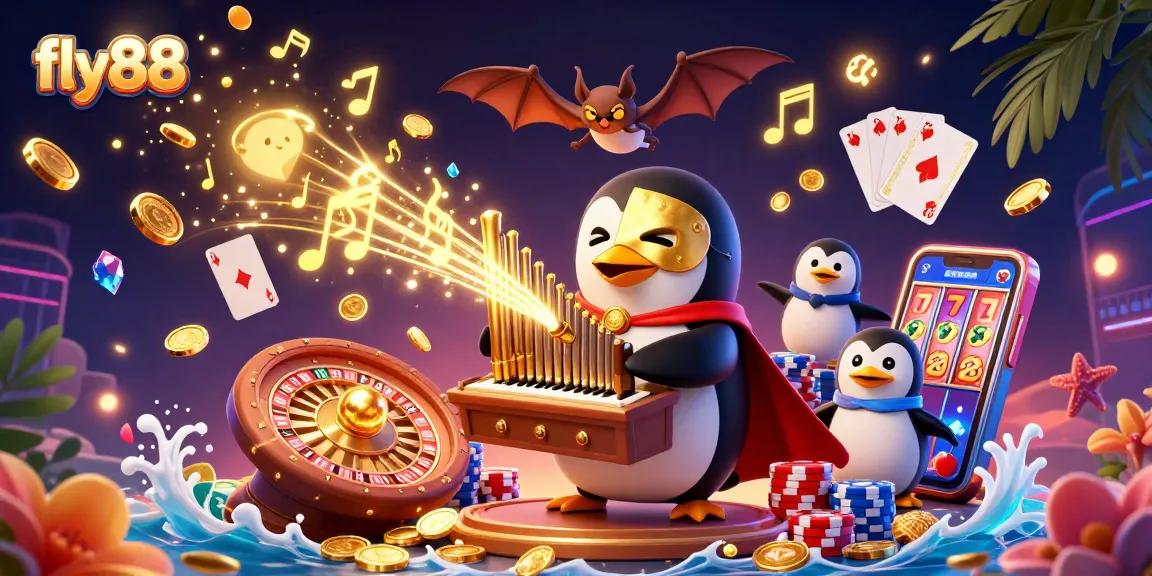 Experience the excitement of fly88 with a penguin playing organ, golden coins, and vibrant casino elements.