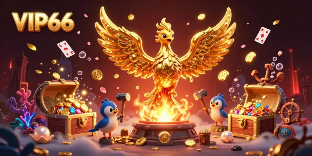 Engage with VIP66's golden phoenix and sparkling treasures in a dynamic online casino experience.