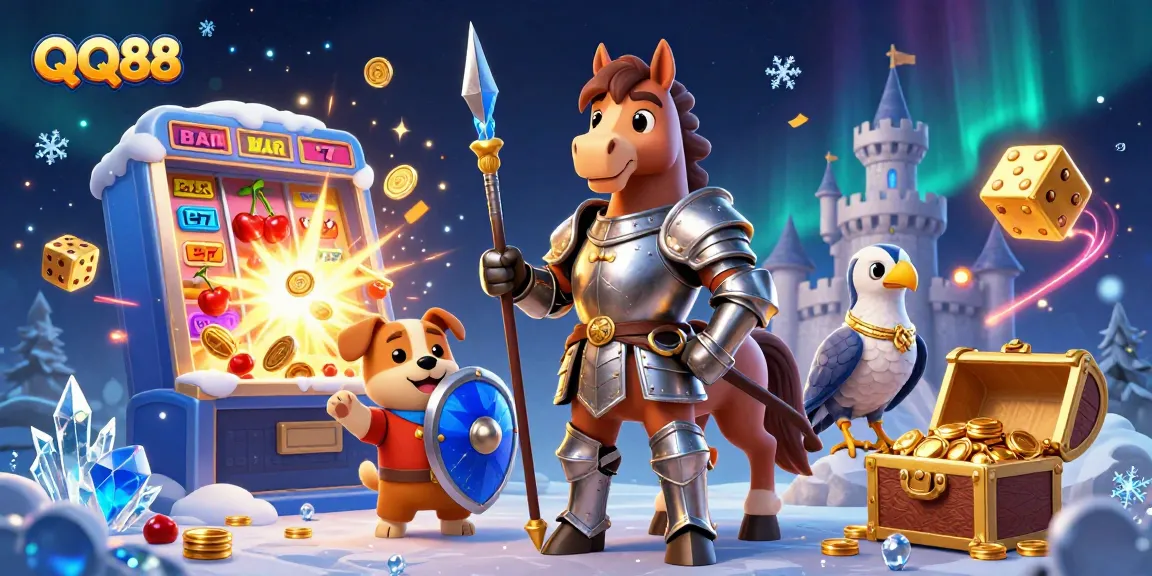 Spin and win at QQ88 with this vibrant 3D casino scene featuring a knight, puppy, and falcon.