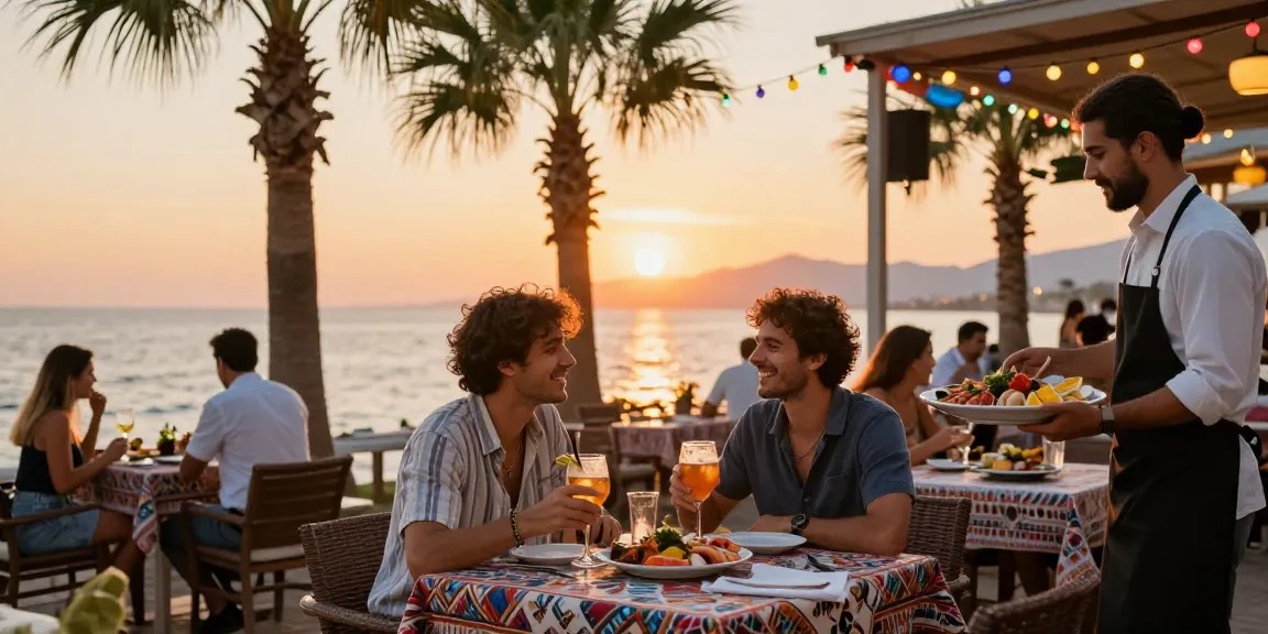 Couple enjoying drinks in Antalya Eskort setting with sunset atmosphere and vibrant café