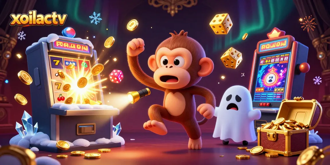 Xoilactv entertains with a poltergeist monkey juggling golden gaming items amidst a vibrant casino