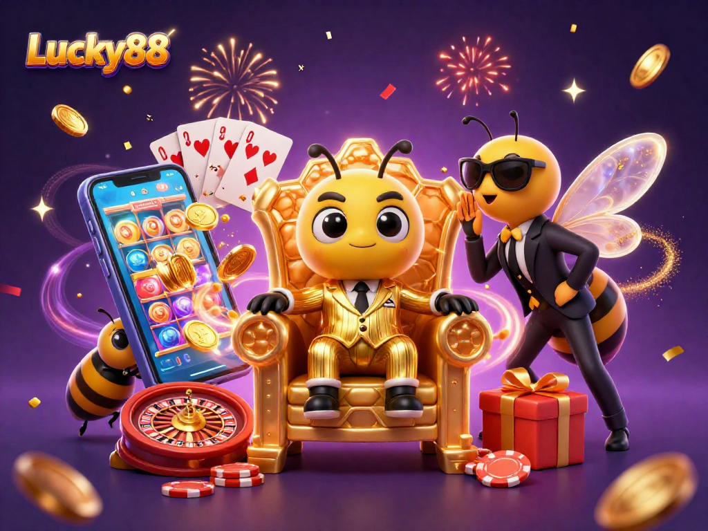 Experience the Lucky88 excitement with a vibrant casino scene featuring animated characters and games.