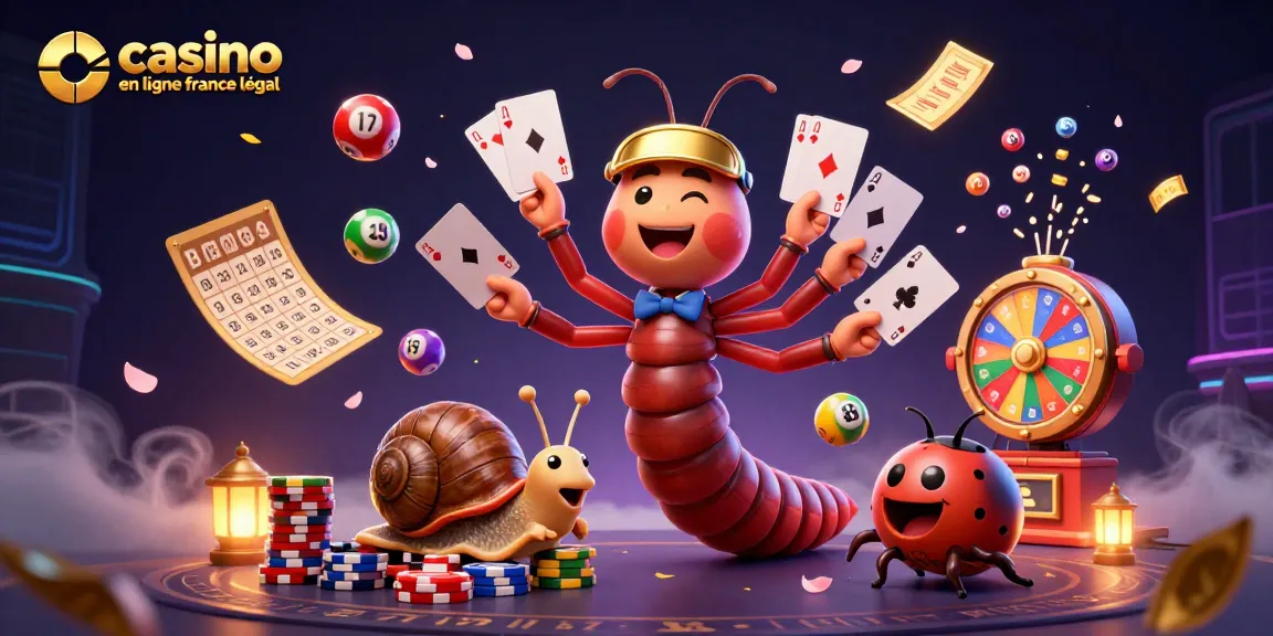 Jouez au casino en ligne légal en France avec des cartes animées et des éléments de loterie colorés.