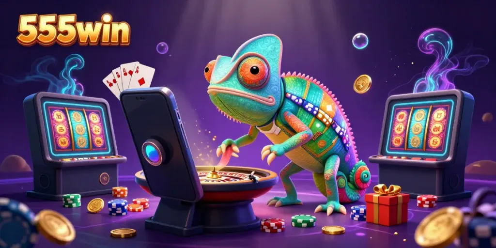 Experience thrilling gameplay with 555win's cartoon chameleon casino owner snagging golden coins amidst dynamic slot and casino items.