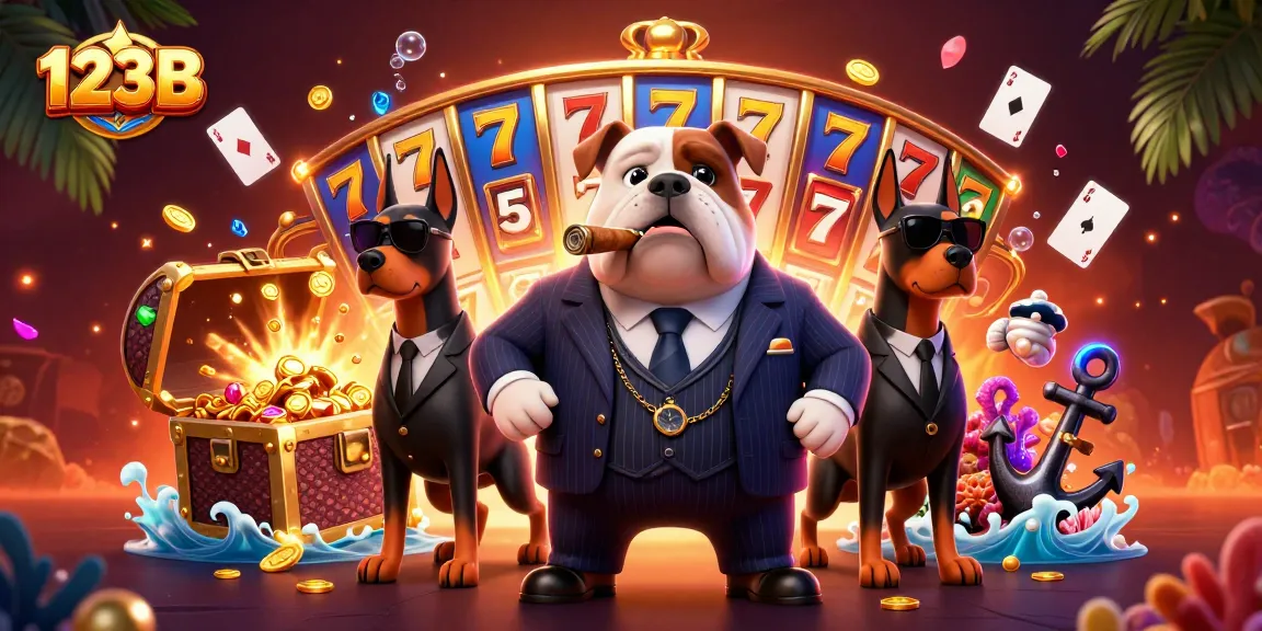 Engaging 123B casino scene with a mafia bulldog and bodyguard Dobermans amidst slot reels and jewels.
