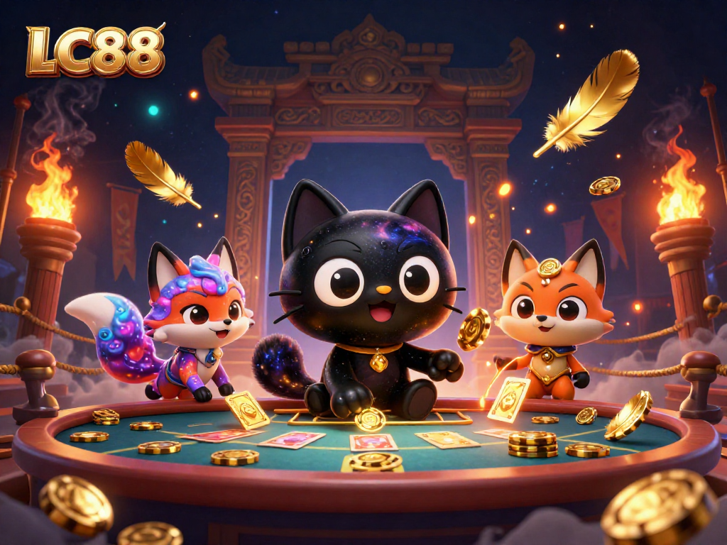 LC88 cat pulls in golden chips, embodying a lively cosmic casino atmosphere.