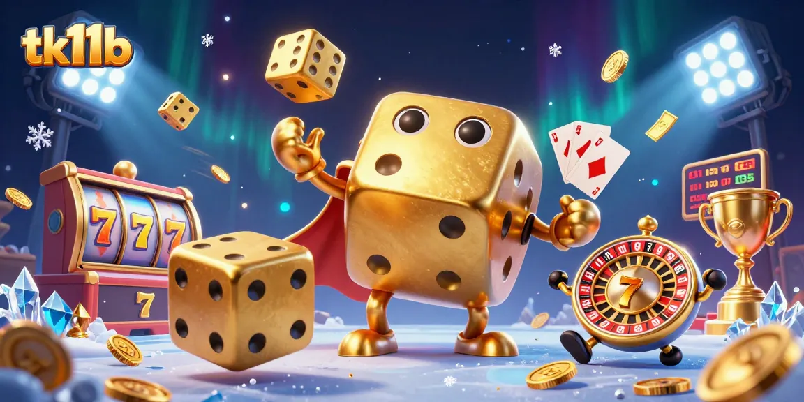 Experience thrilling gaming with tk11b showcasing vibrant slot reels, golden dice and trophy elements.