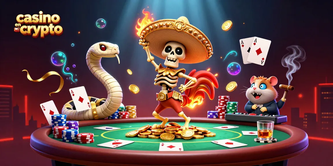 Animation dynamique avec un rooster mariachi dans un casino en crypto entouré de serpents et de pièces d'or.
