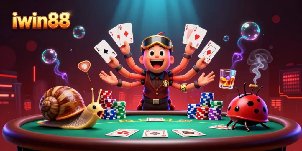 Experience dynamic gameplay at iwin88 with a vibrant scene of lively cartoon characters and casino elements.