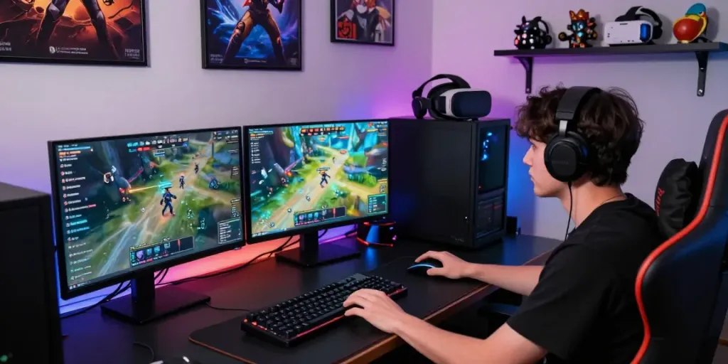 Player engaging in rokok88 slot login with vibrant gaming setup and RGB lighting.