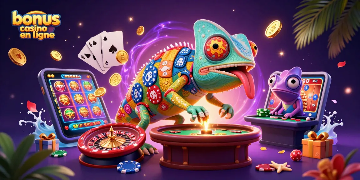 bonus casino en ligne : illustration d'un chameleon propriétaire de casino attirant les pièces d'or tout en surveillant les jeux