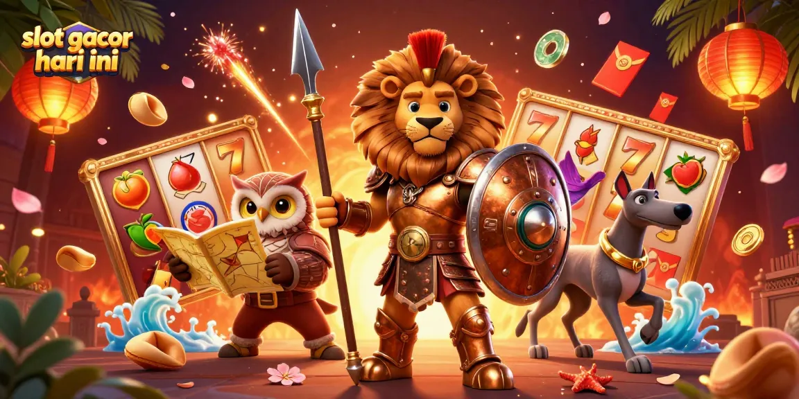 Experience slot gacor hari ini with dynamic characters in a vibrant casino-themed illustration.